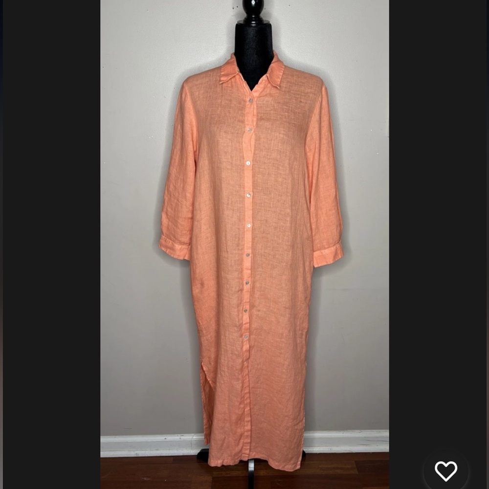 120% LINO AVA Shirt Dress Linen Sz S Garment Dyed V-Neck Kaftan Dress Resortwear